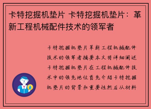 卡特挖掘机垫片 卡特挖掘机垫片：革新工程机械配件技术的领军者